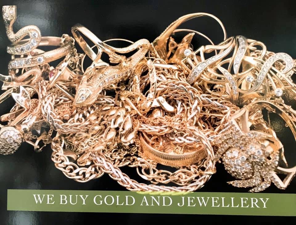 Scrap gold pieces on the Crown Jewellers counter, ready for valuation
